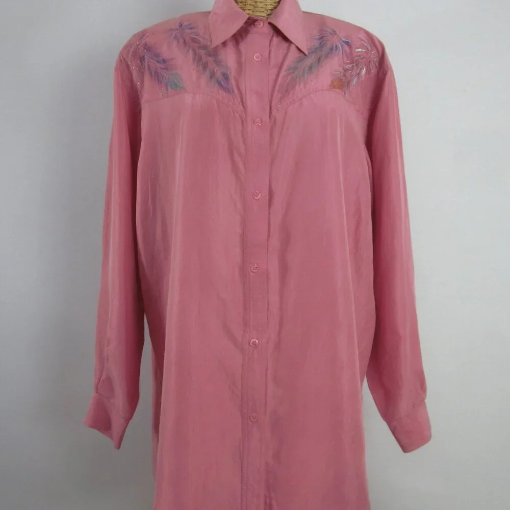 Vtg Wanted Women M Mauve Pink Painted Metallic LS Silk Western Cowboy Shirt - Picture 12 of 14